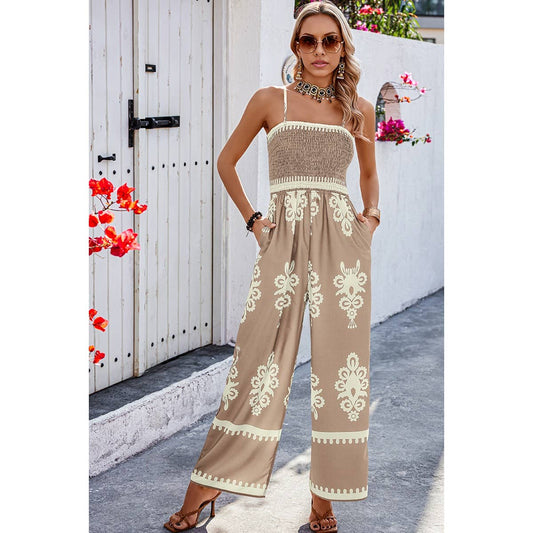 Geo Print Off Shoulder High Waist Fit Jumpsuit: Khaki / XL