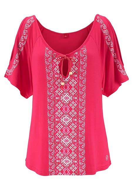 LASCANA Women's Cold Shoulder Print Top: White & Red / 0/2