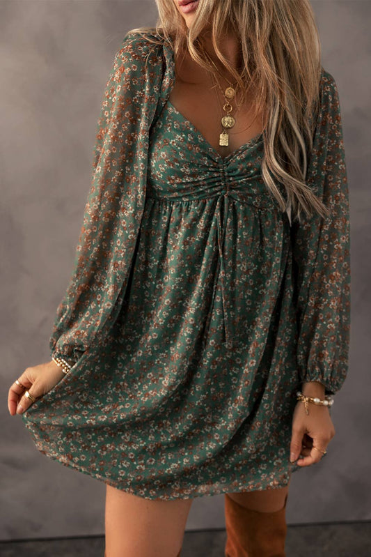 LDC Drawstring Ruched Sweetheart Neck Floral Mini Dress: Green / Missy / S