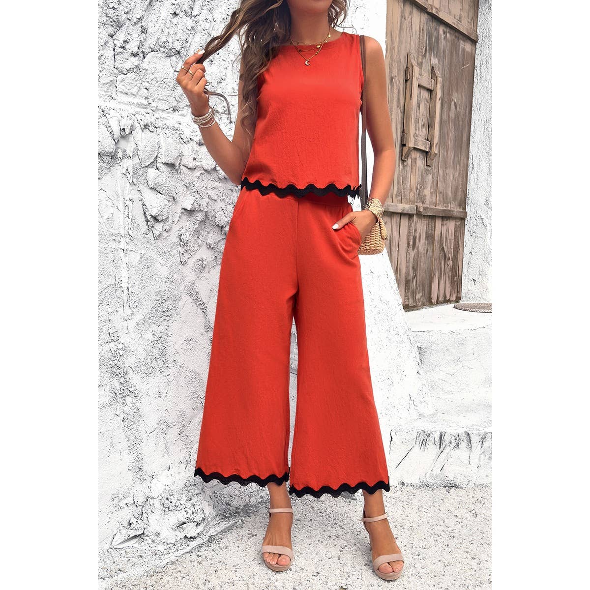 Two Pieces Printed Sleeveless Pockets Sets: BEIGE / M