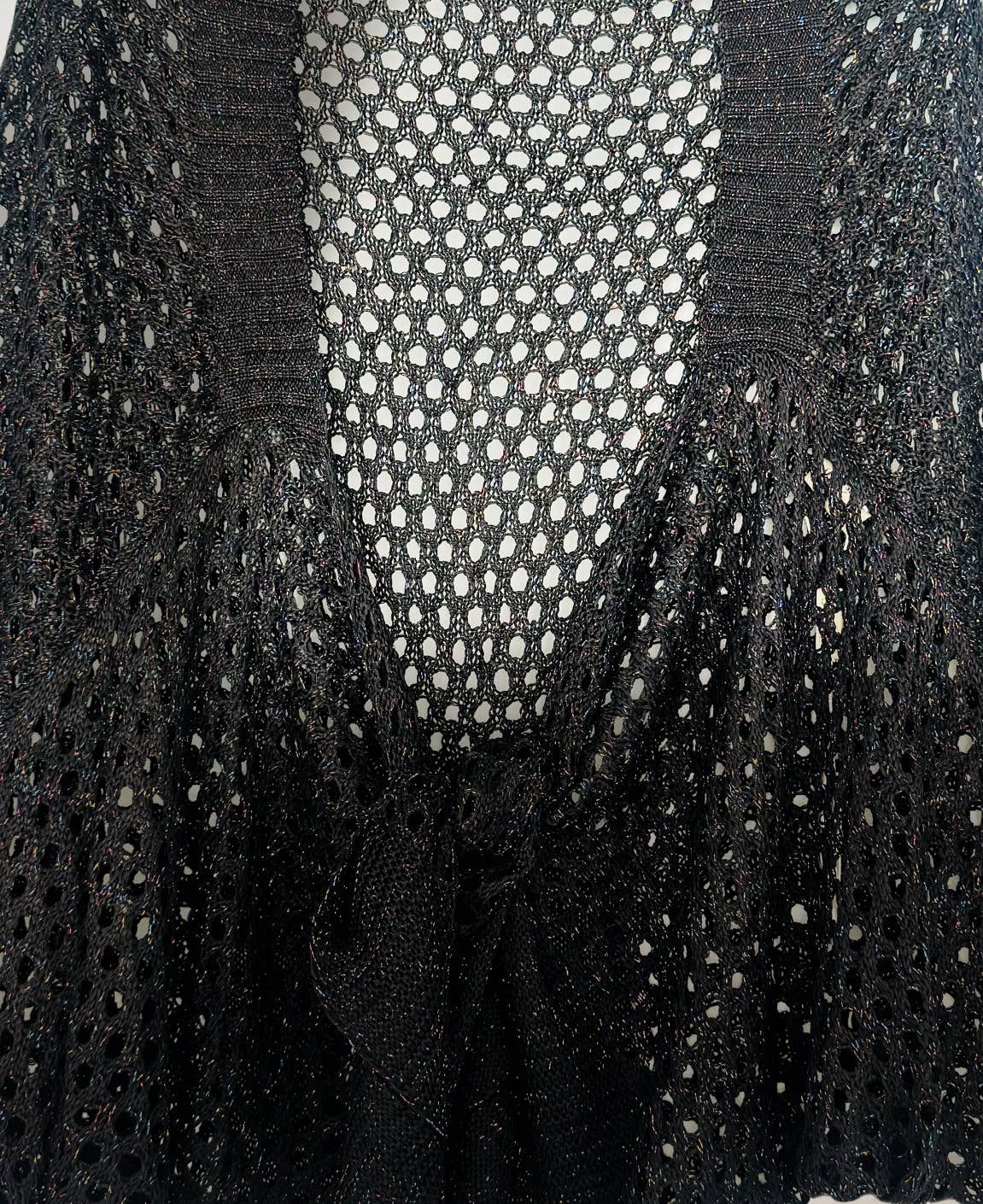 JC063344 Eyelet Open-Knit Metallic Cardigan with Front Tie: Black