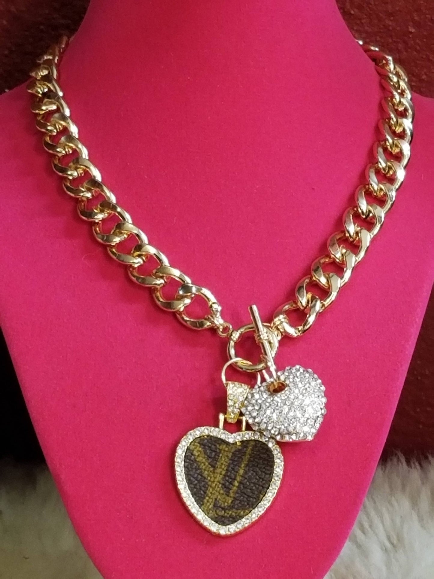 Authentic upcycled canvas Chunky chain necklace w heart: Gold