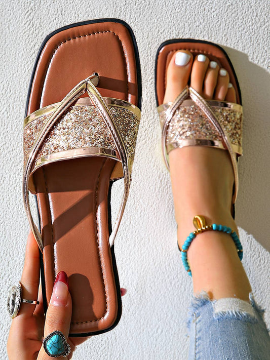 Glitter Band Square Toe PU Leather Flat Slippers: Gold / (US 8)39
