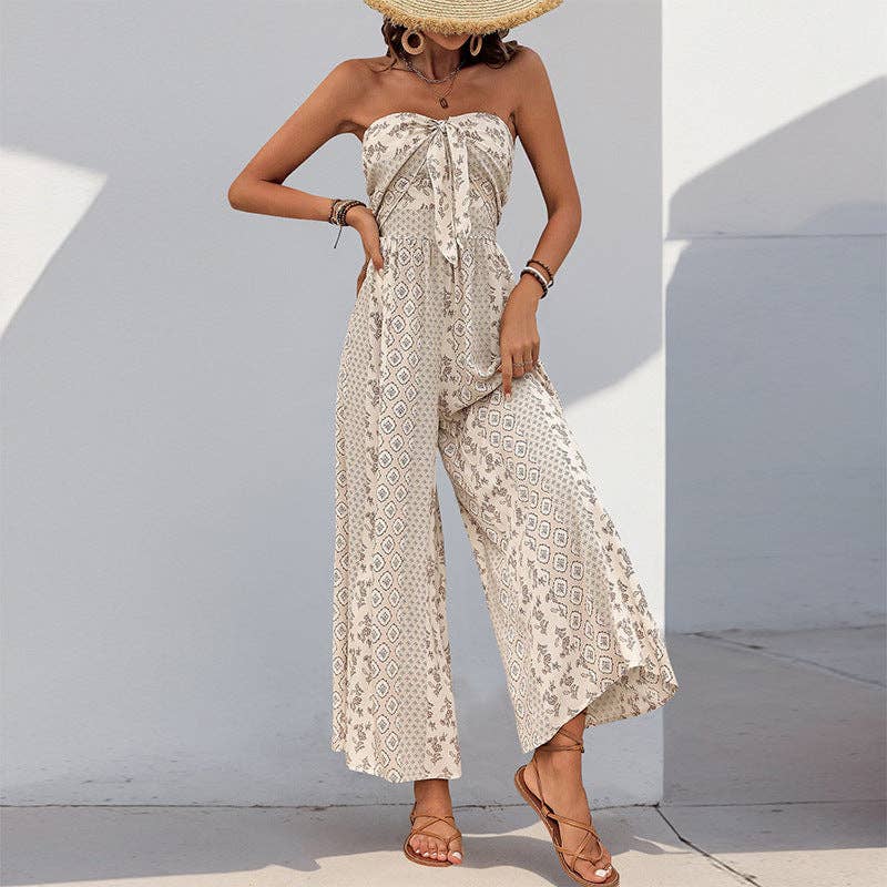 Strapless Smocked Romper Tube Top Flare Trousers Jumpsuit: Black / 100%Viscose / L