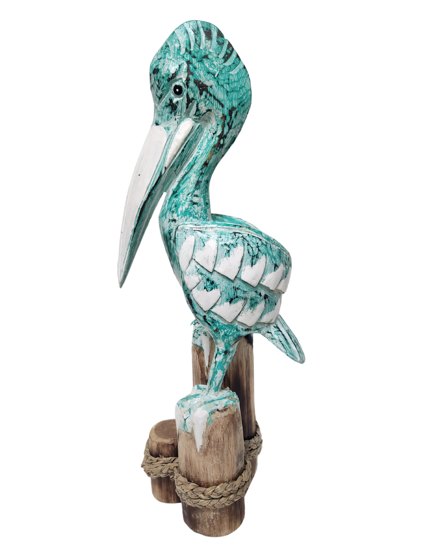 25" Tall Three Post Hand Carved Nautical Wood Pelican Statue: Teal