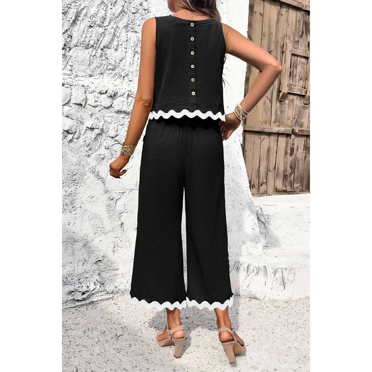 Two Pieces Printed Sleeveless Pockets Sets: BEIGE / S