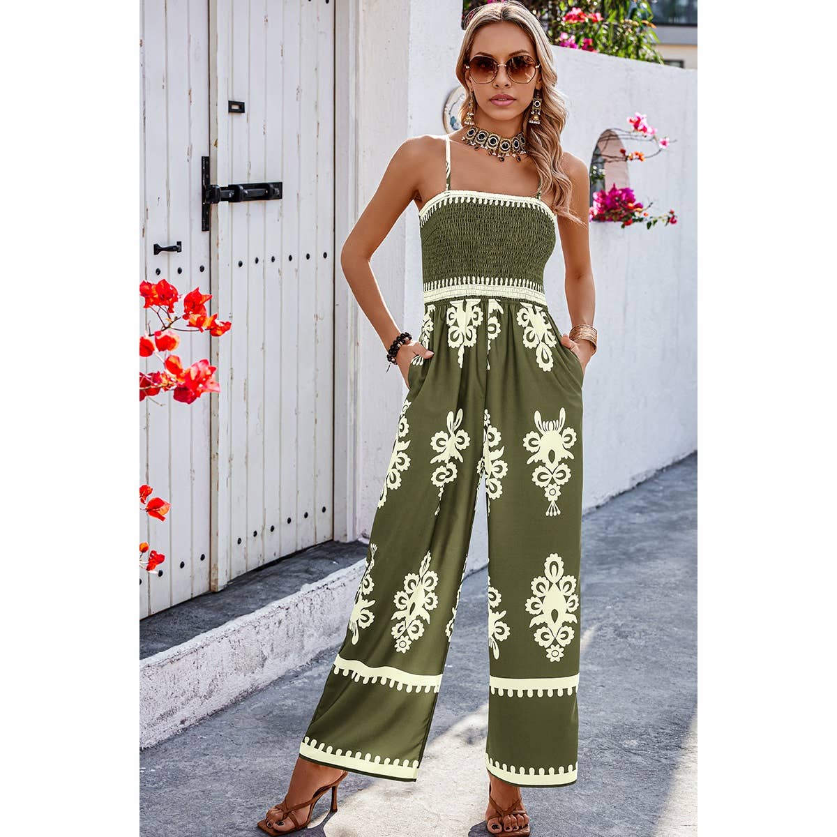 Geo Print Off Shoulder High Waist Fit Jumpsuit: Khaki / XL