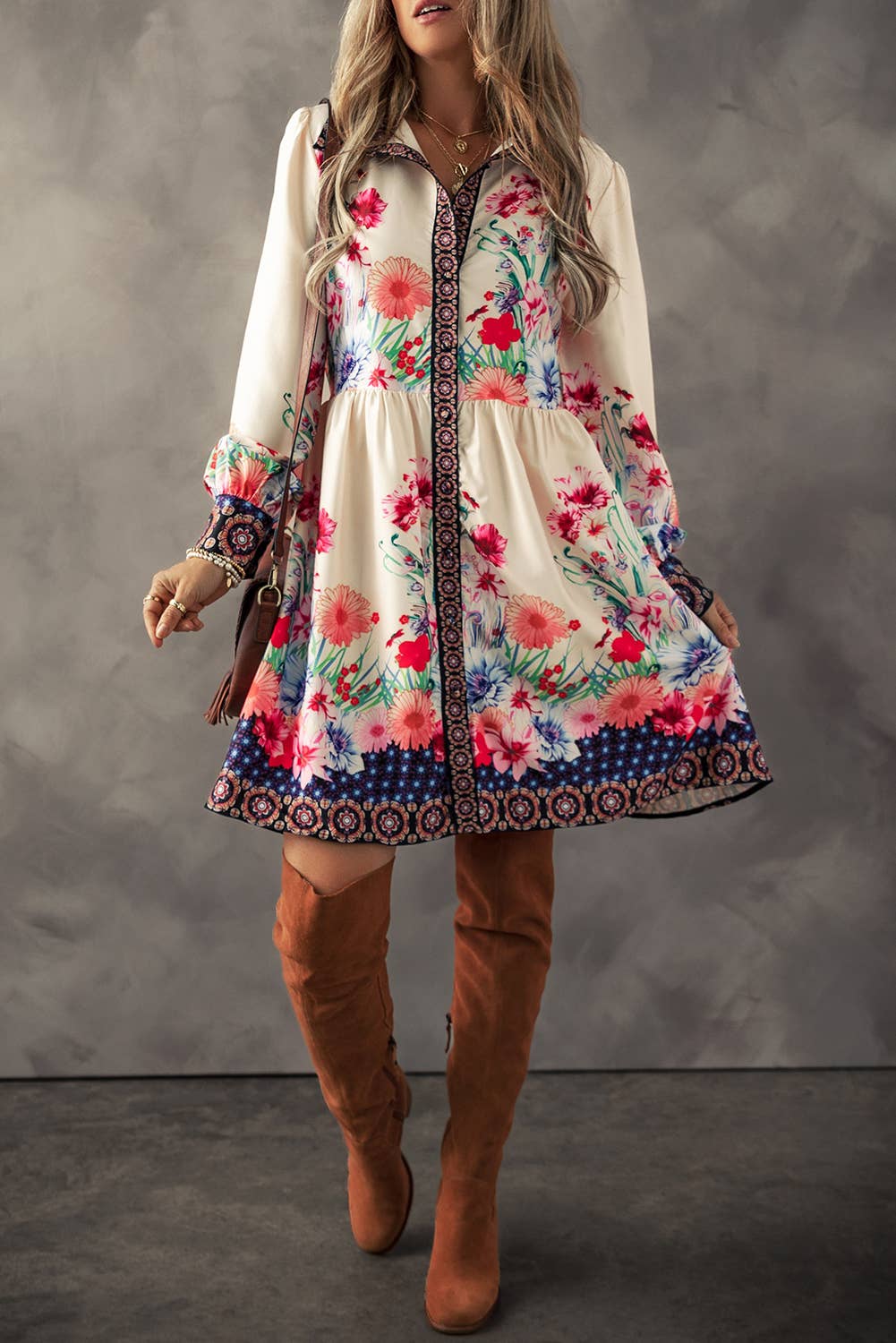 LDC Floral Print Buttoned High Waist Shirt Mini Dress: Apricot / M