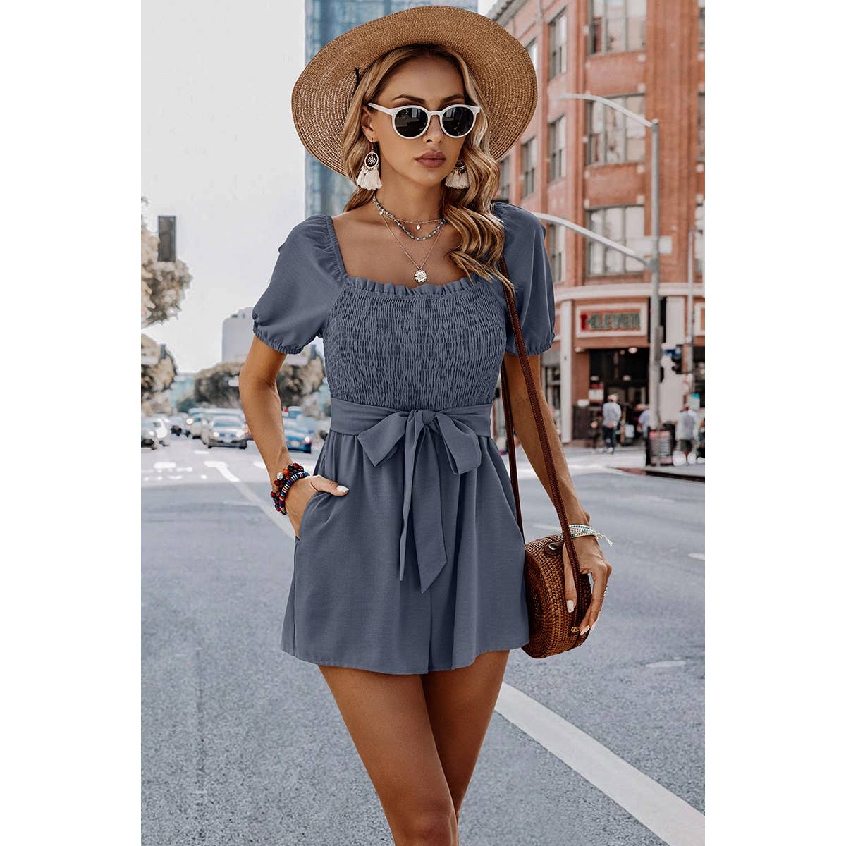 Solid Smocked Square Neck Waist Tie Romper: GREY BLUE / XL