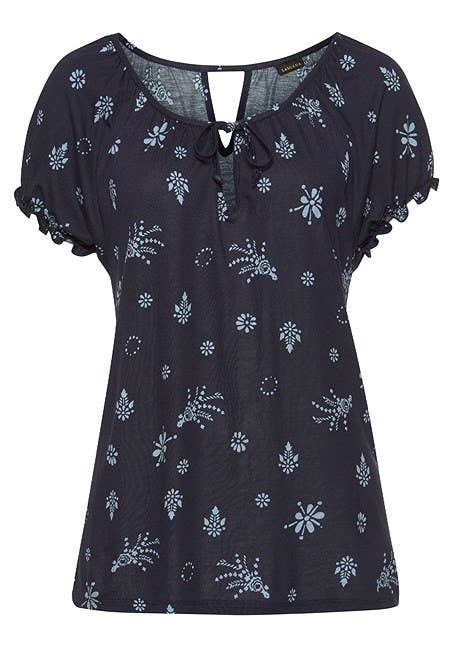 LASCANA Women's Ruffle Sleeve Print Top: Navy Printed / 4/6