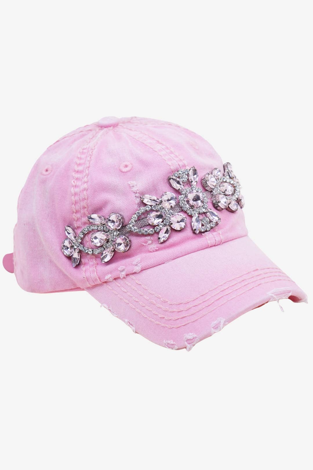Bejeweled Bling Glitz Distressed Cap, Adjustable: Black