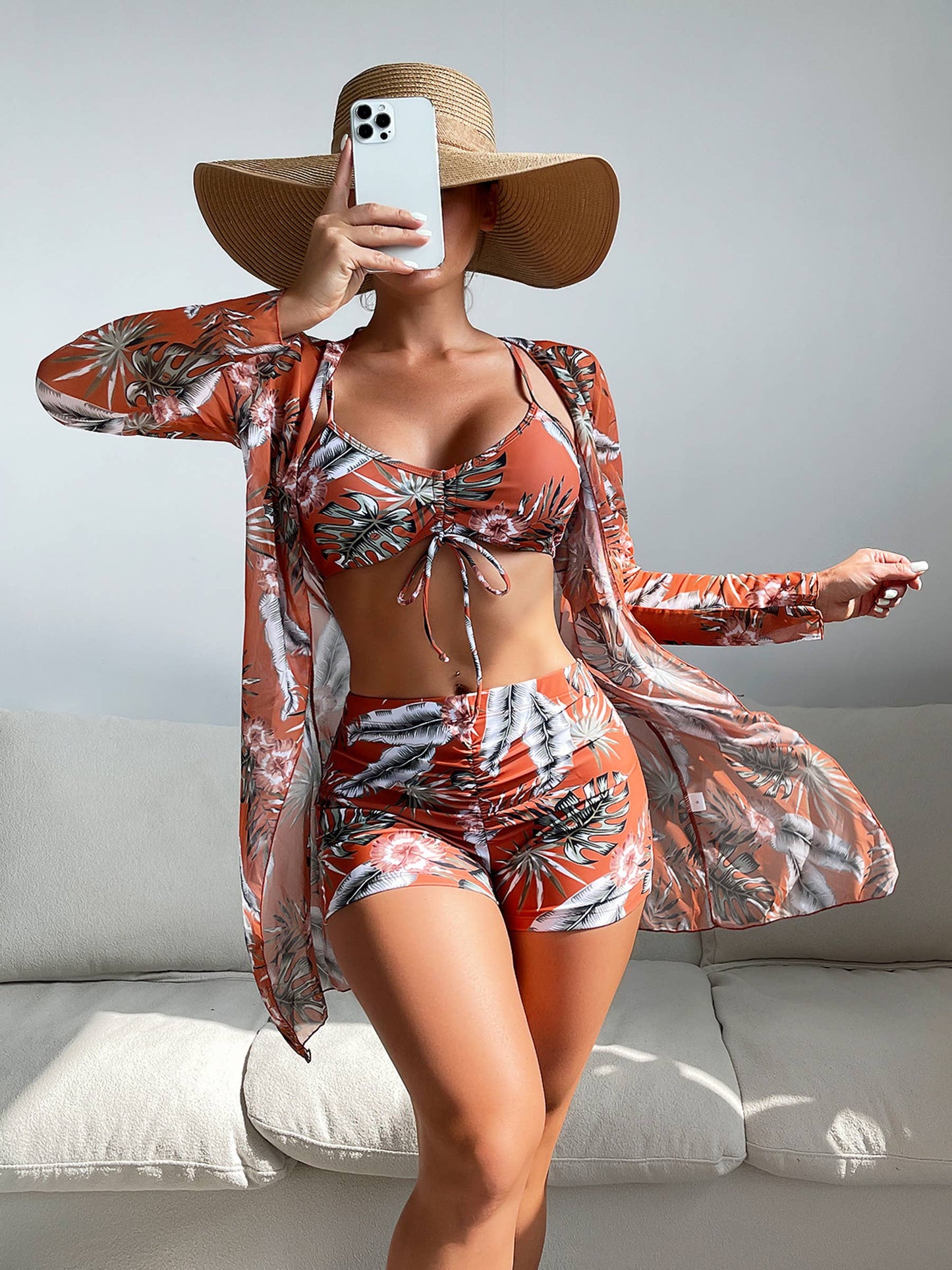 Swimsuit Split Three Piece Set High Waisted Long Sleeved Top: Orange / L