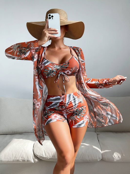 Swimsuit Split Three Piece Set High Waisted Long Sleeved Top: Orange / L