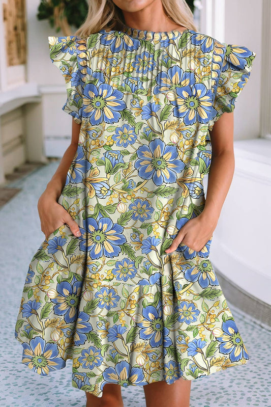 LDC Botanical Printed Ruffle Short Sleeve Dress: Spinach Green / XL