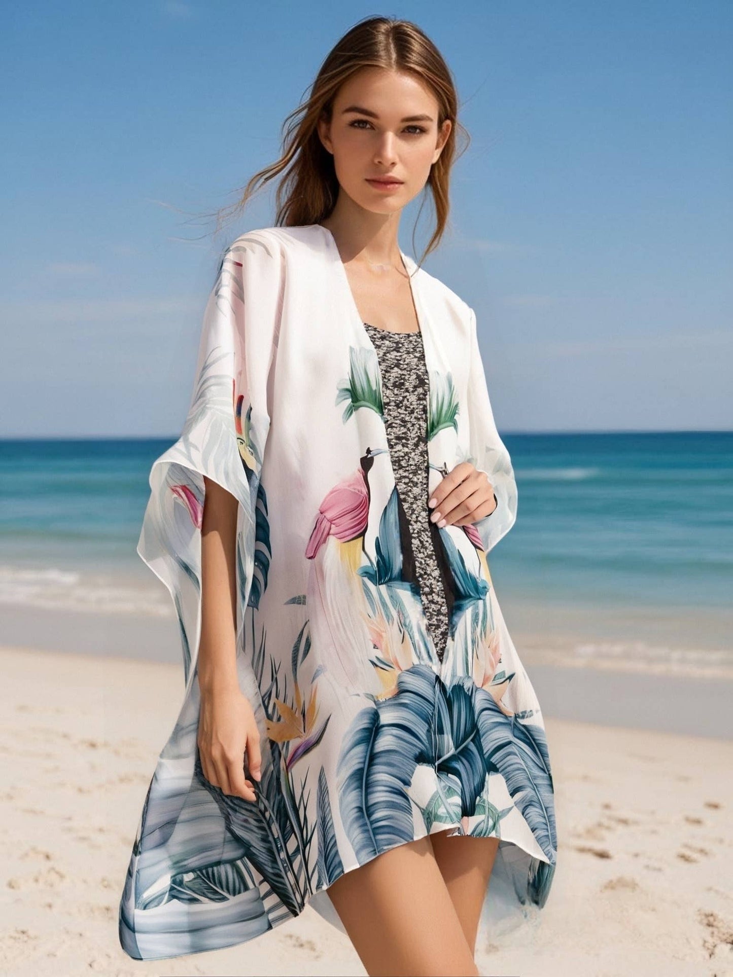 Teal-Pink Bird & Floral Tropical Kimono/Cover-Up