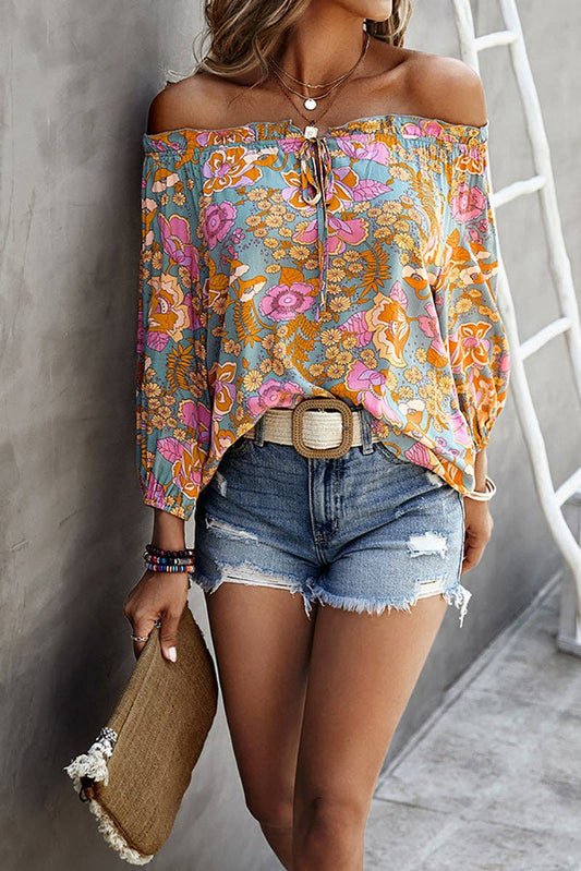Feminine Graphic Off Shoulder Top: ORANGE / L