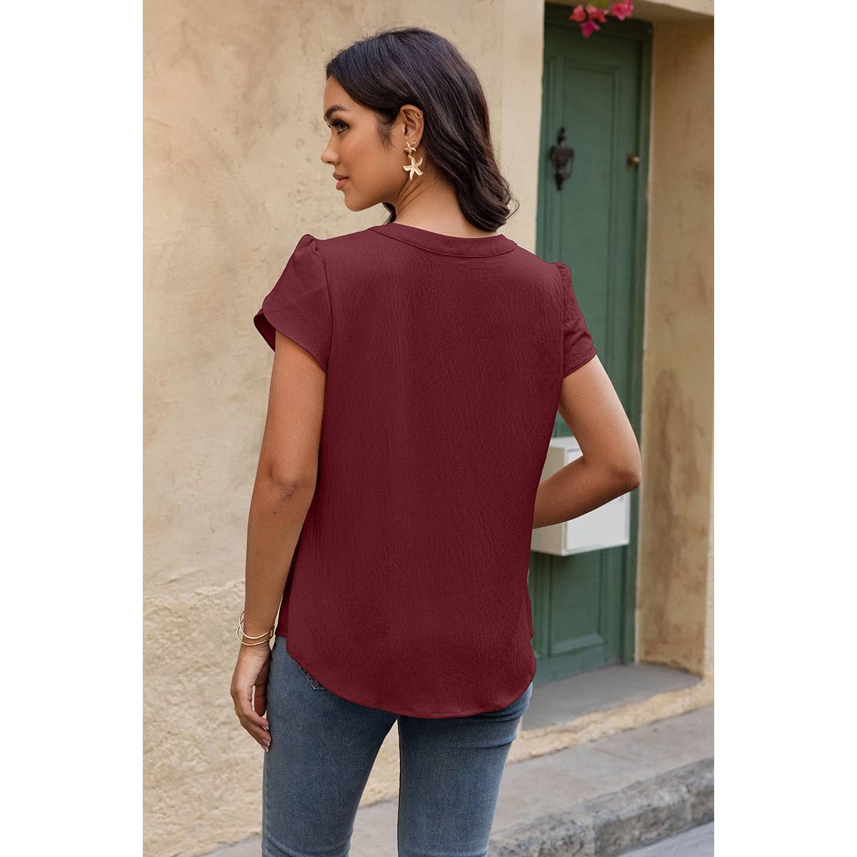 V Neck Puff Notched Short Sleeve Button Down Shirt: BEIGE / M
