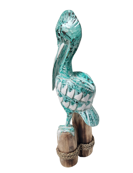 25" Tall Three Post Hand Carved Nautical Wood Pelican Statue: Teal