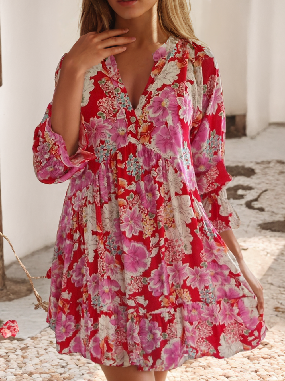 LDC Floral Print High Waist V Neck Babydoll Mini Dress: Red / L