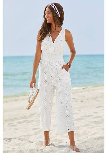 LASCANA Women's Sleeveless Eyelet Jumpsuit: White / 8