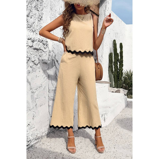 Two Pieces Printed Sleeveless Pockets Sets: BEIGE / S