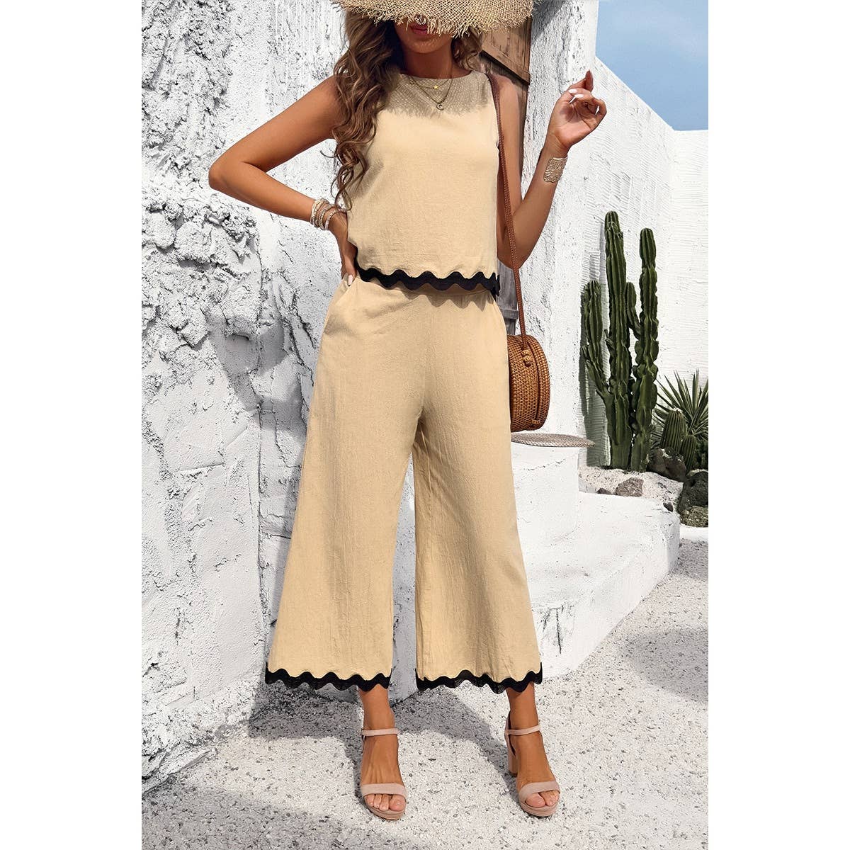 Two Pieces Printed Sleeveless Pockets Sets: BEIGE / M