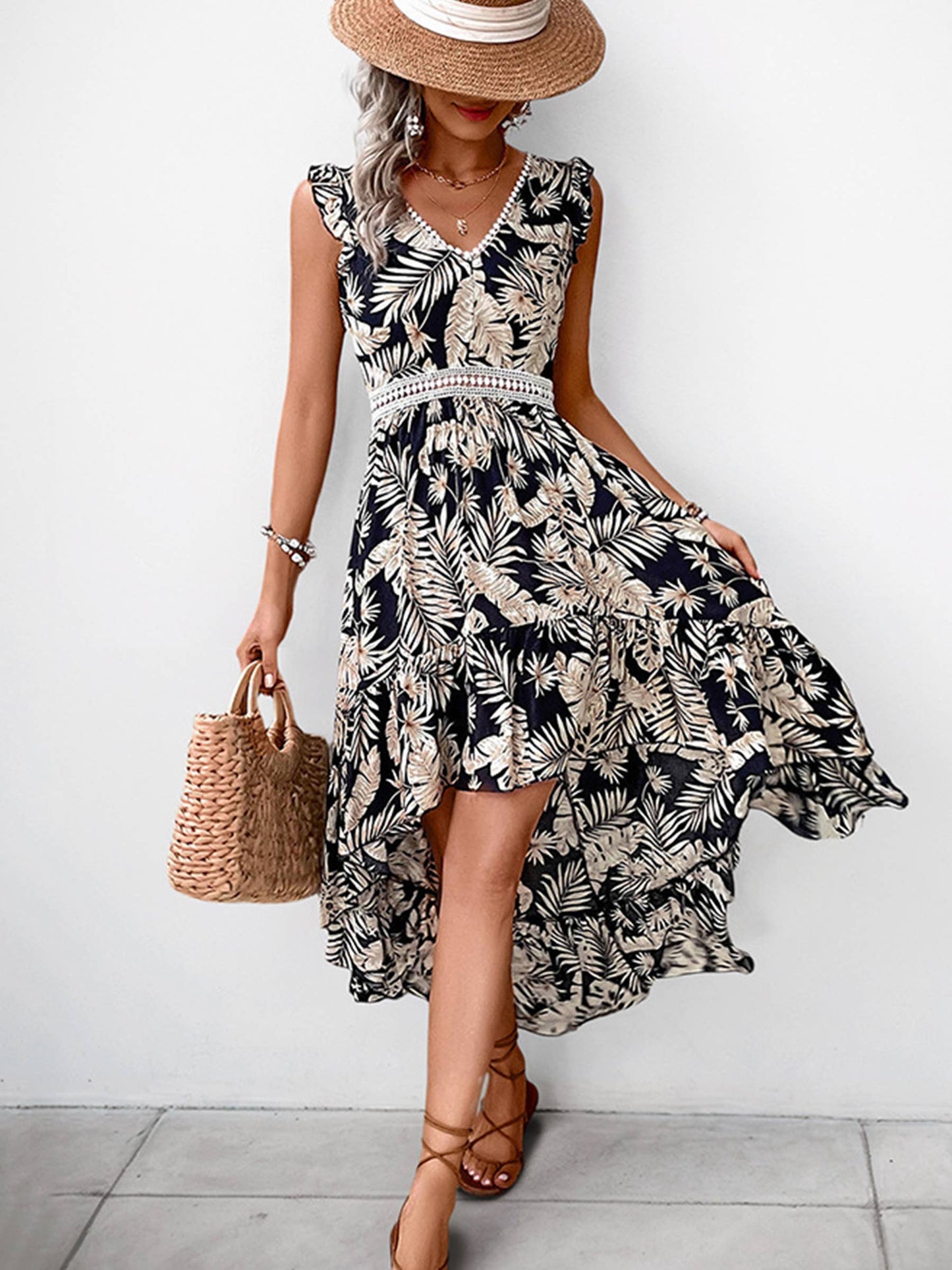 V-neck Printed Irregular Dress: Blue / S