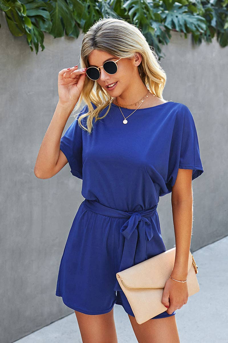Boat Neck Short Sleeve Waist Tie Loose Romper: NAVY / XL