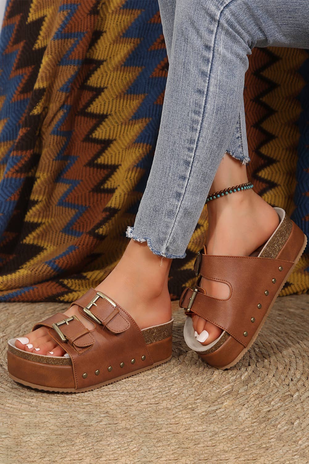 Dual Buckle Studded Platform Sandal Slippers: Chestnut / (US 7)38