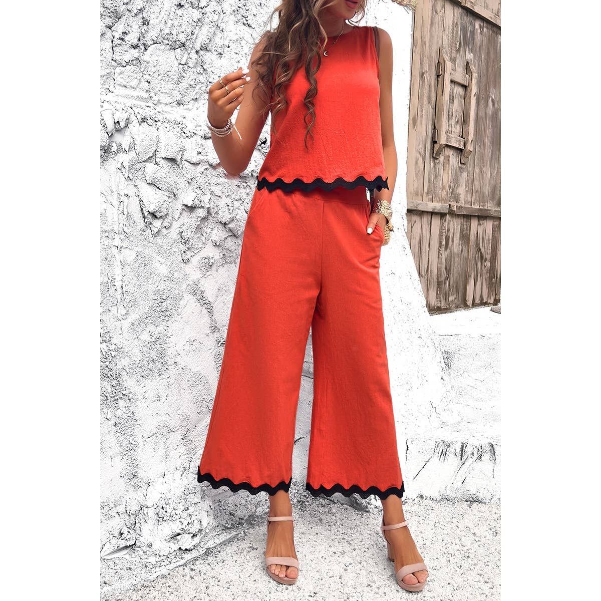 Two Pieces Printed Sleeveless Pockets Sets: BEIGE / L