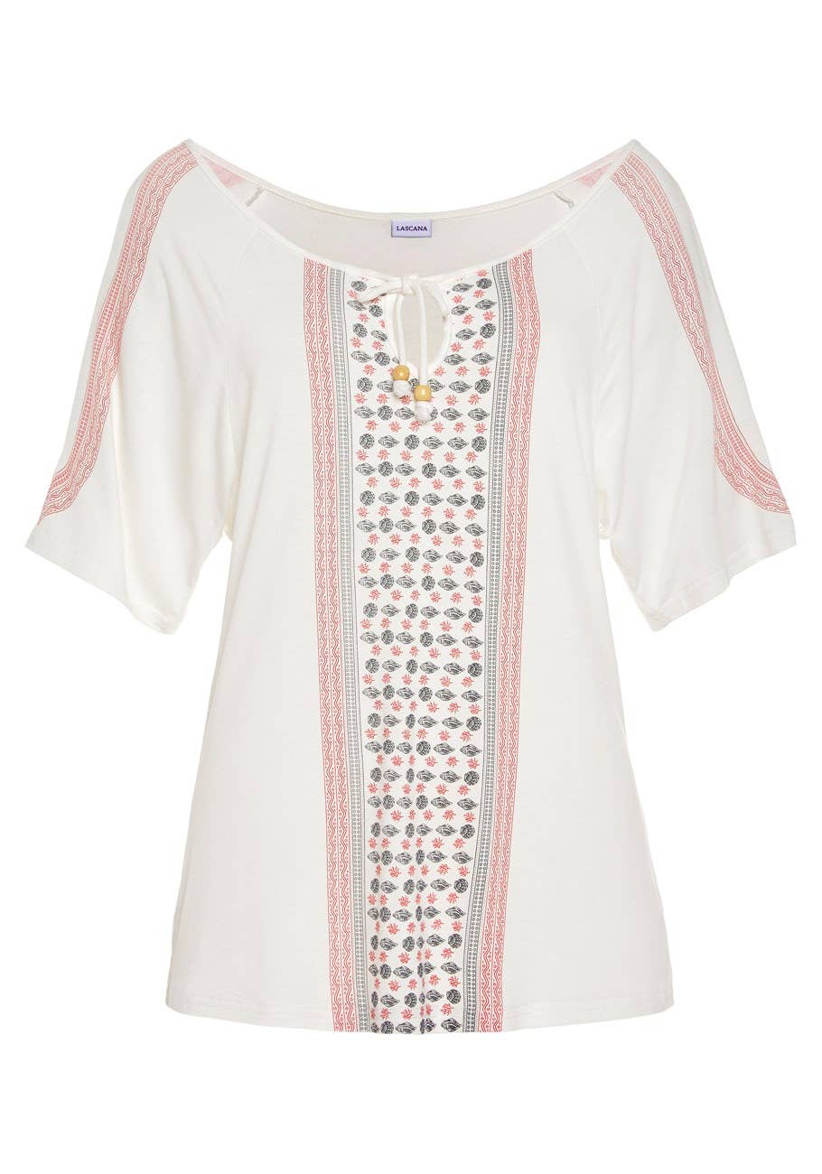LASCANA Women's Cold Shoulder Print Top: White & Red / 0/2