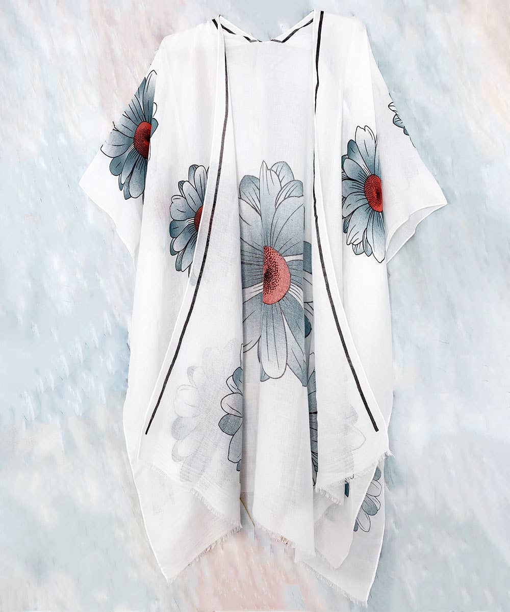 JC Designed Hand Printed White-Aqua Floral Kimono: White- Aqua