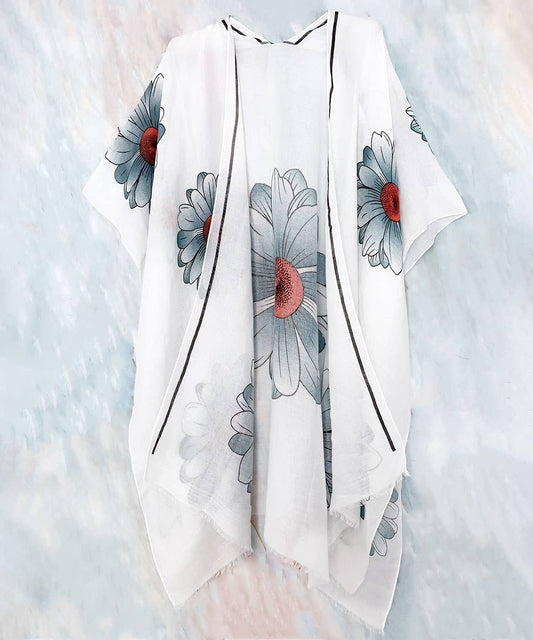 JC Designed Hand Printed White-Aqua Floral Kimono: White- Aqua
