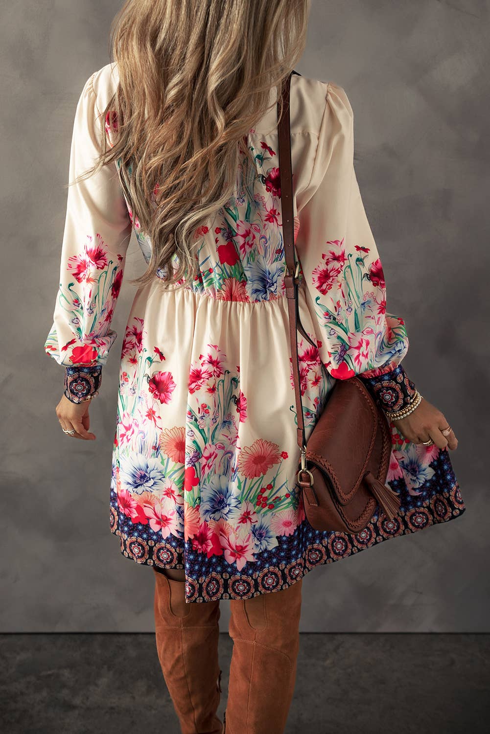 LDC Floral Print Buttoned High Waist Shirt Mini Dress: Apricot / XL