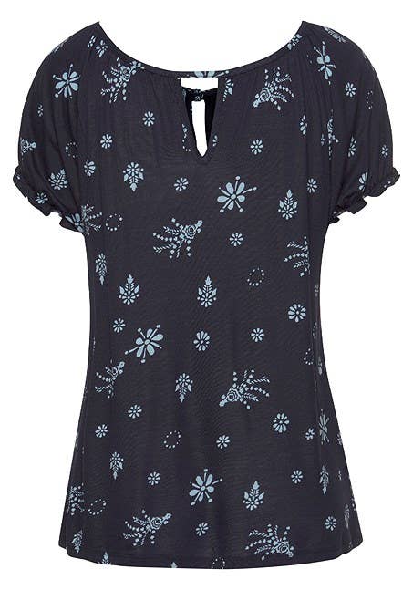 LASCANA Women's Ruffle Sleeve Print Top: Navy Printed / 12/14