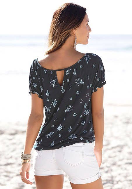 LASCANA Women's Ruffle Sleeve Print Top: Navy Printed / 4/6