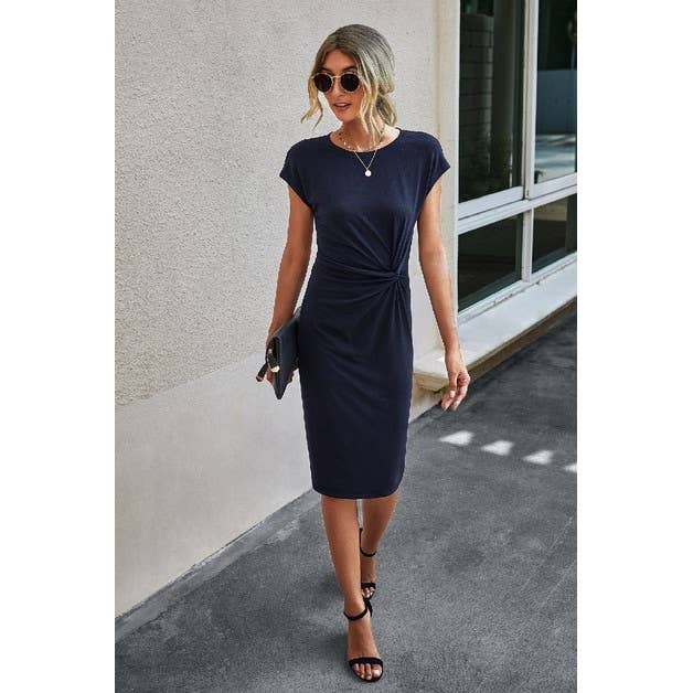 Solid Crewneck Short Sleeve High Waisted Fit Midi Dress: BLACK / M