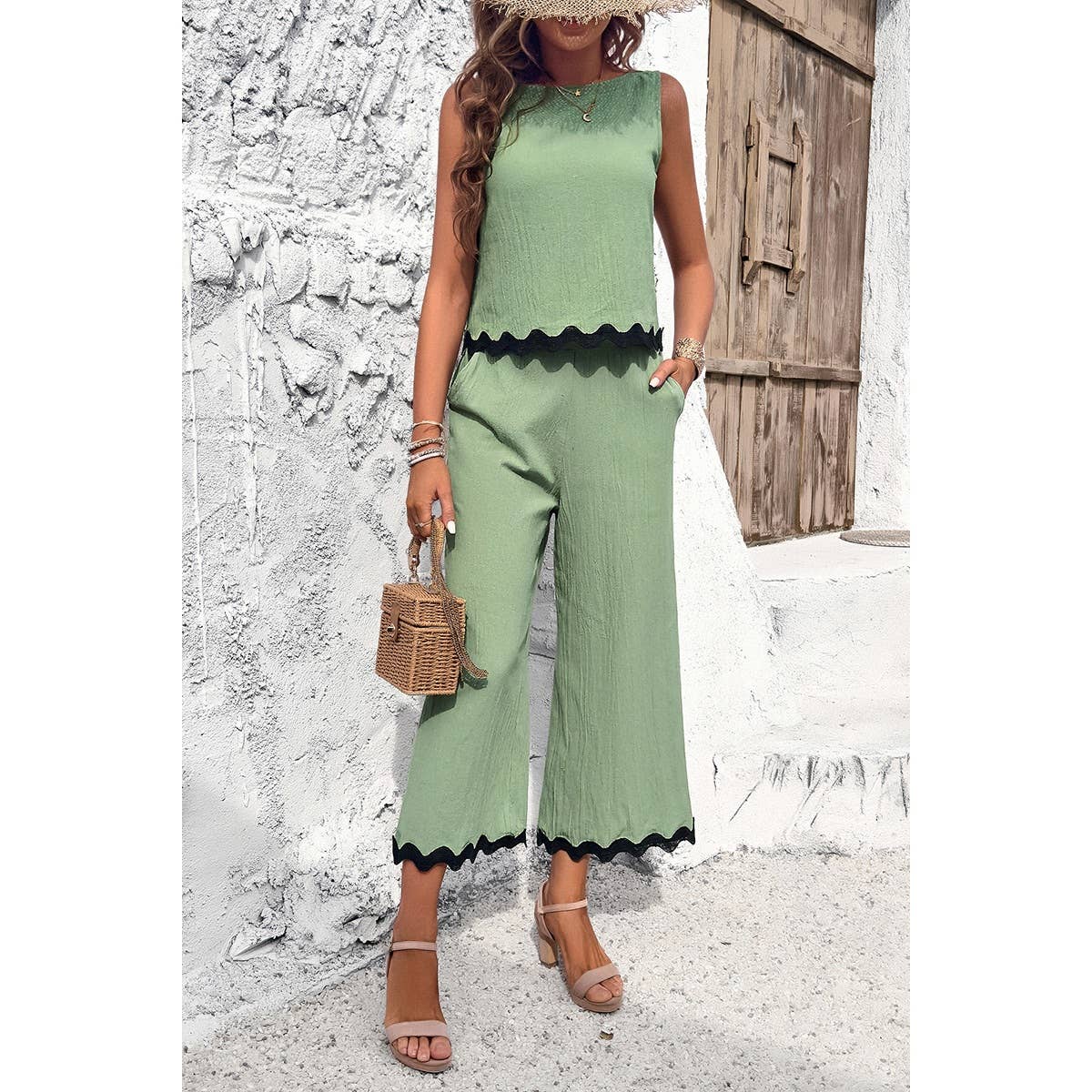 Two Pieces Printed Sleeveless Pockets Sets: BEIGE / M