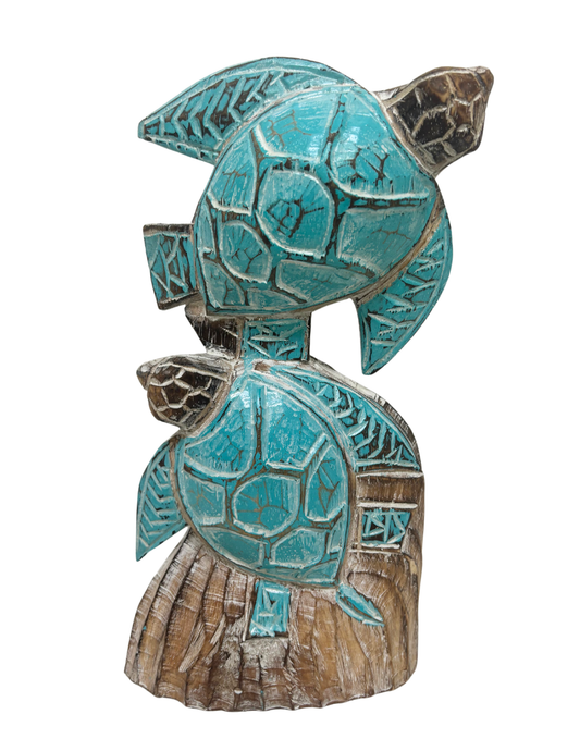 HAND CARVED WOODEN SEA TURTLES NAUTICAL ART SCULPTURE : TEAL