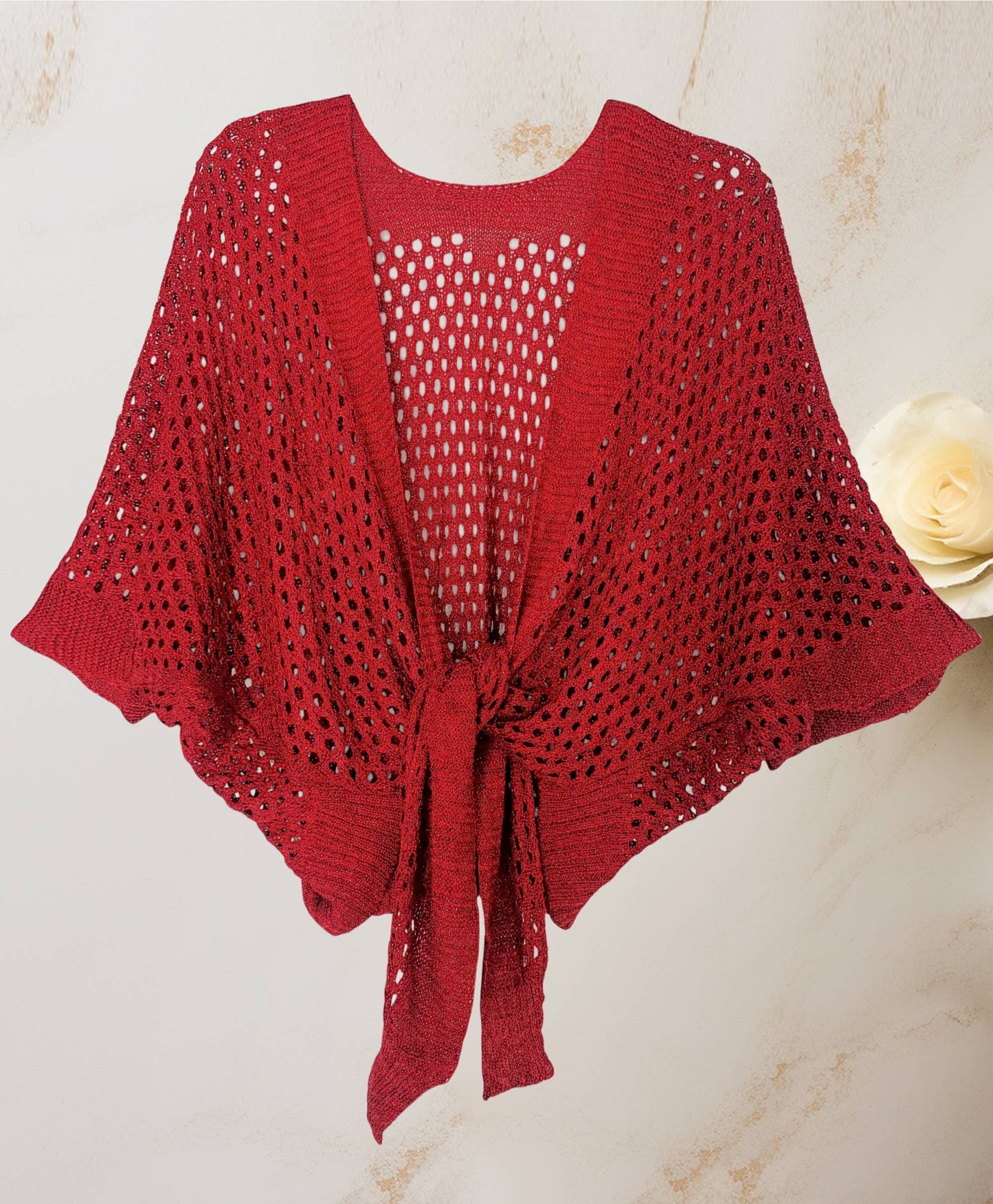 JC063344 Eyelet Open-Knit Metallic Cardigan with Front Tie: Mocha