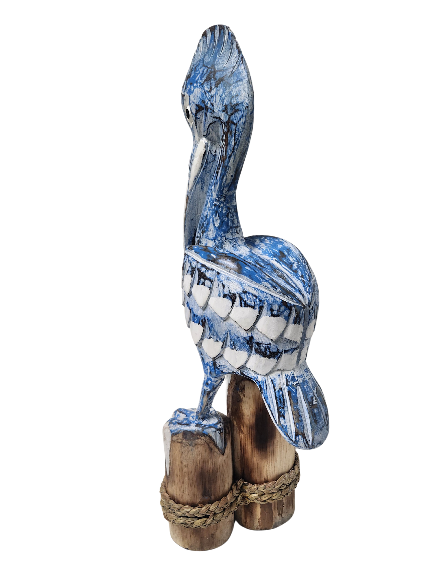 25" Tall Three Post Hand Carved Nautical Wood Pelican Statue: Teal