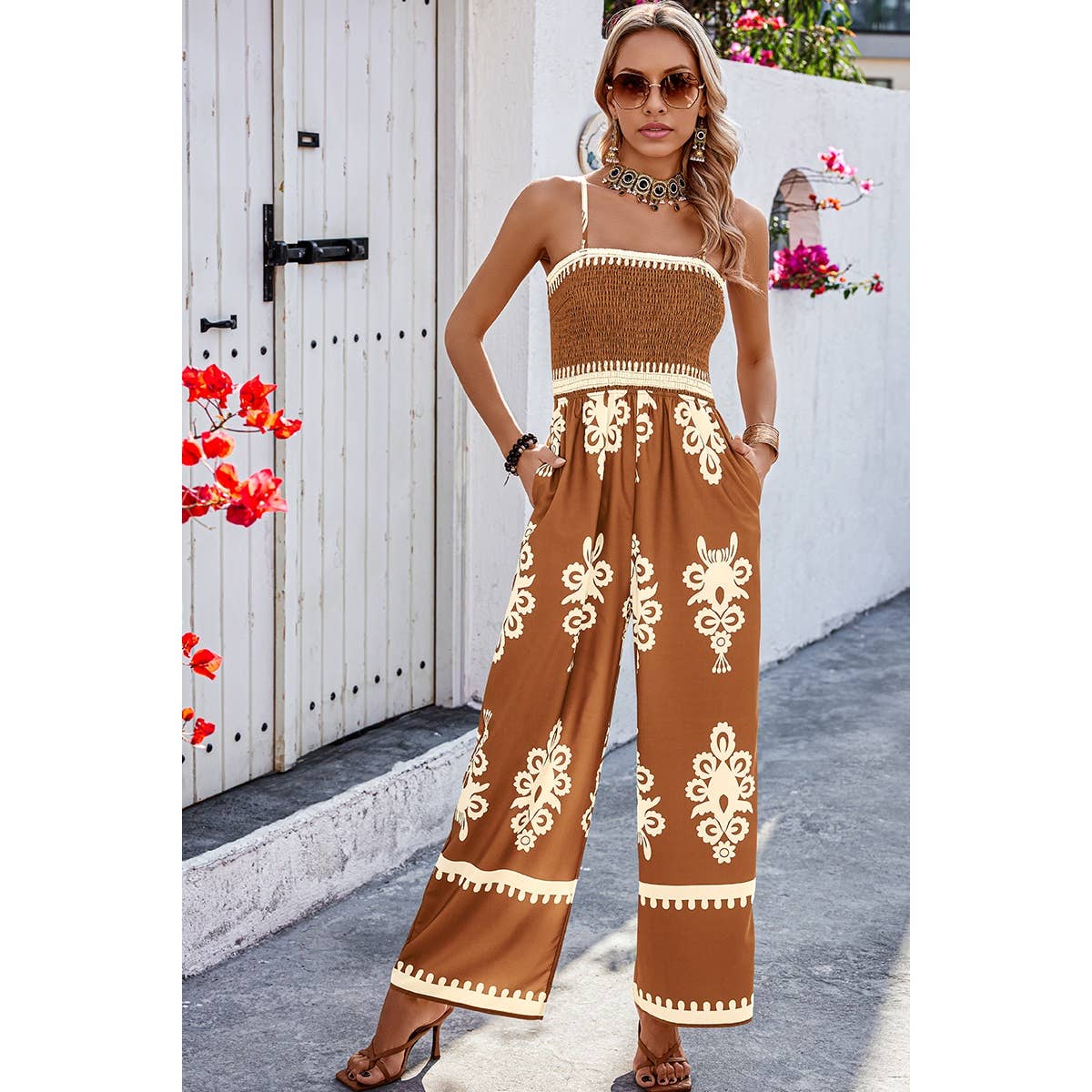 Geo Print Off Shoulder High Waist Fit Jumpsuit: Khaki / M