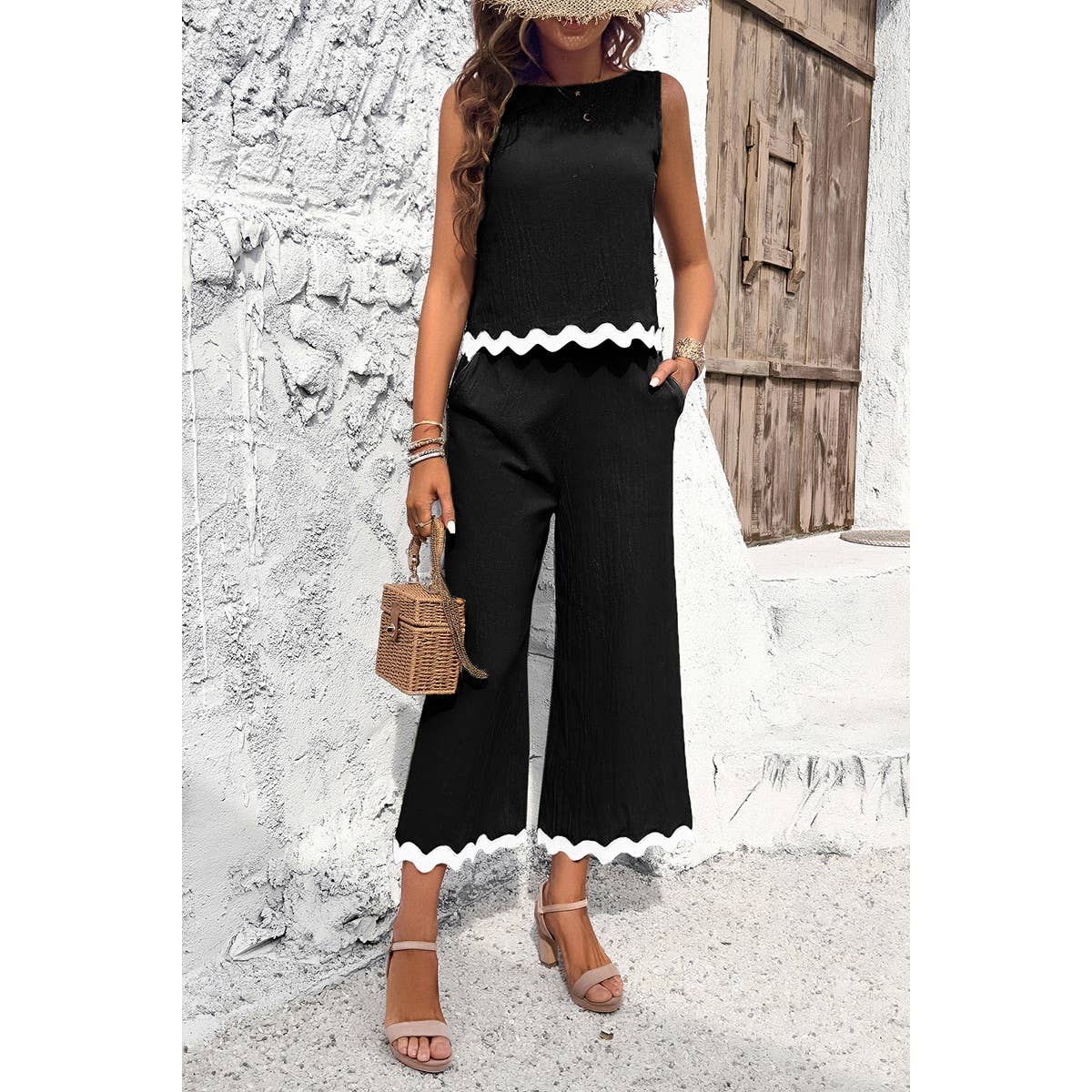 Two Pieces Printed Sleeveless Pockets Sets: BEIGE / XL