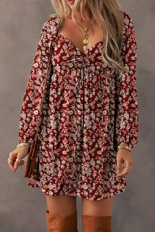 LDC Drawstring Ruched Sweetheart Neck Floral Mini Dress: Red / Missy / S