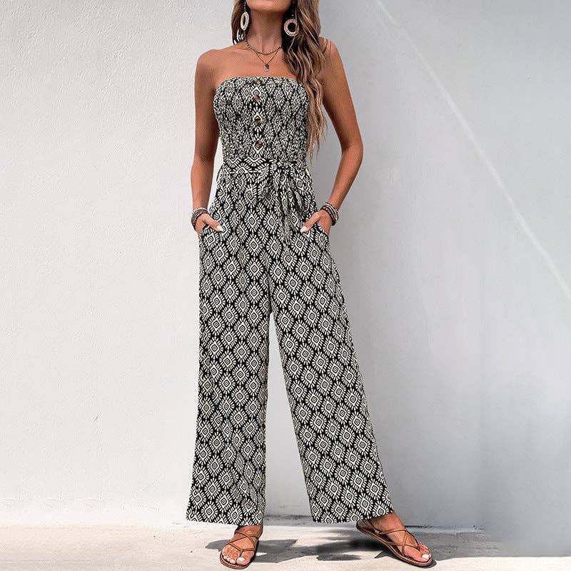 Women's Bohemian Print Smocked Strapless Jumpsuit: Black / 100%Polyester / M