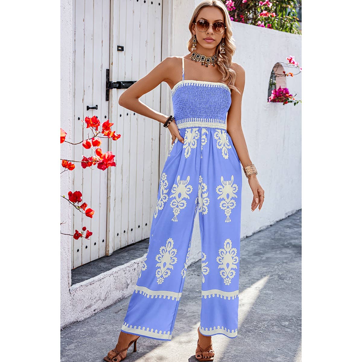 Geo Print Off Shoulder High Waist Fit Jumpsuit: Khaki / XL