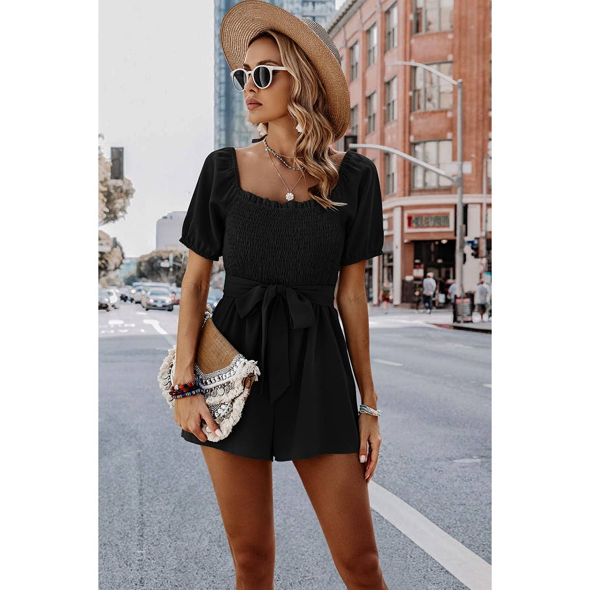 Solid Smocked Square Neck Waist Tie Romper: GREY BLUE / M