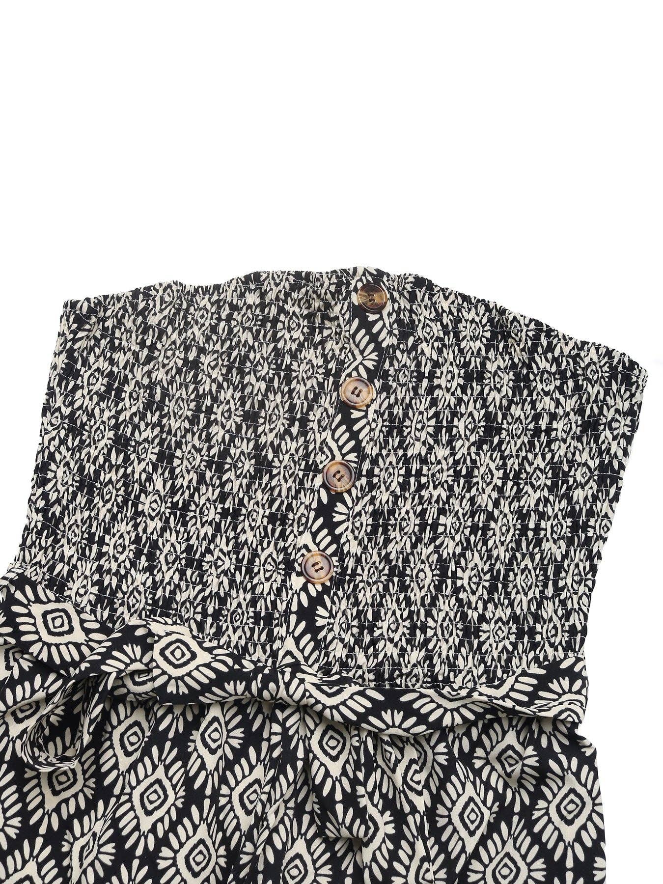 Women's Bohemian Print Smocked Strapless Jumpsuit: Black / 100%Polyester / S