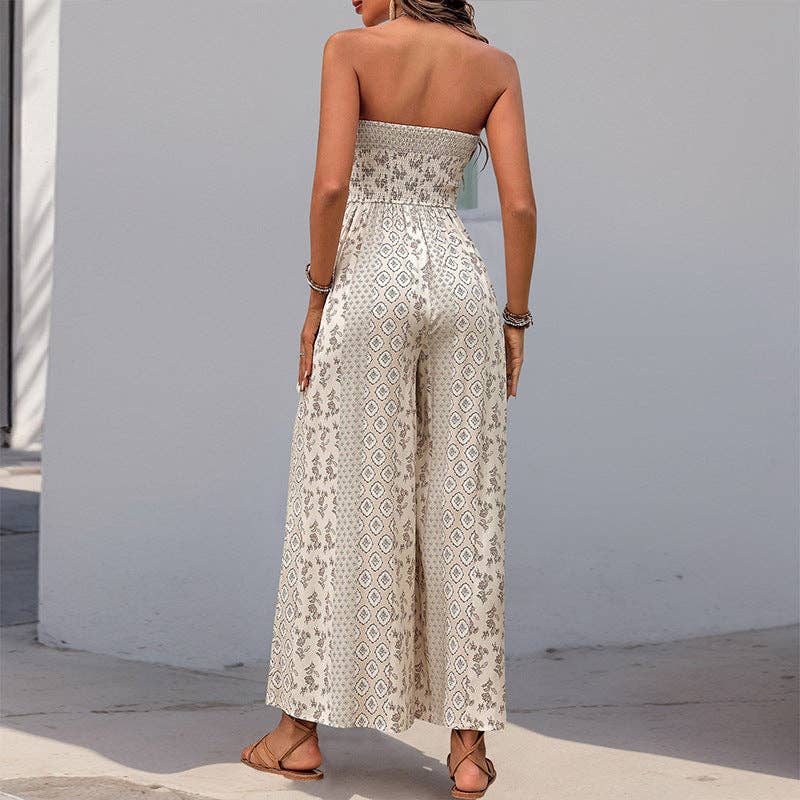 Strapless Smocked Romper Tube Top Flare Trousers Jumpsuit: Black / 100%Viscose / L