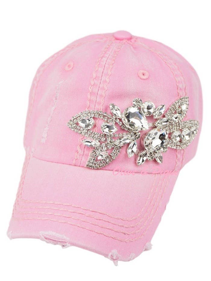 Floral Bejeweled Bling Glitz Cap, Adjustable: Black